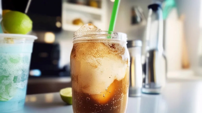 Refreshing dirty soda with cola, coconut syrup, lime, and creamy half-and-half, served over ice in a tall glass