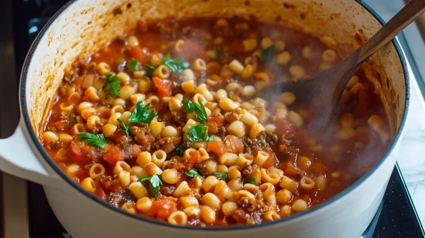 Authentic Italian pasta fagioli soup with tender beans, ditalini pasta, and a rich tomato broth, garnished with fresh parsley and Parmesan cheese