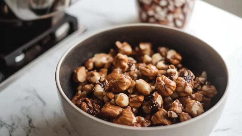 Crunchy candied hazelnuts coated in a caramelized sugar glaze, perfect for snacking or desserts