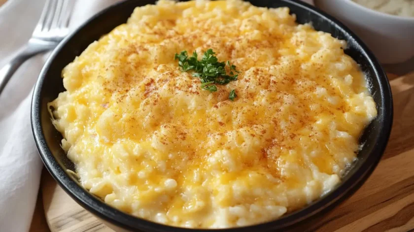 Creamy cheesy rice made with melted cheddar and butter, served warm and garnished with fresh herbs