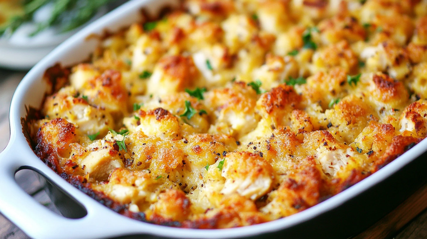 Southern-style chicken and cornbread dressing with tender shredded chicken, savory herbs, and a golden-brown crust