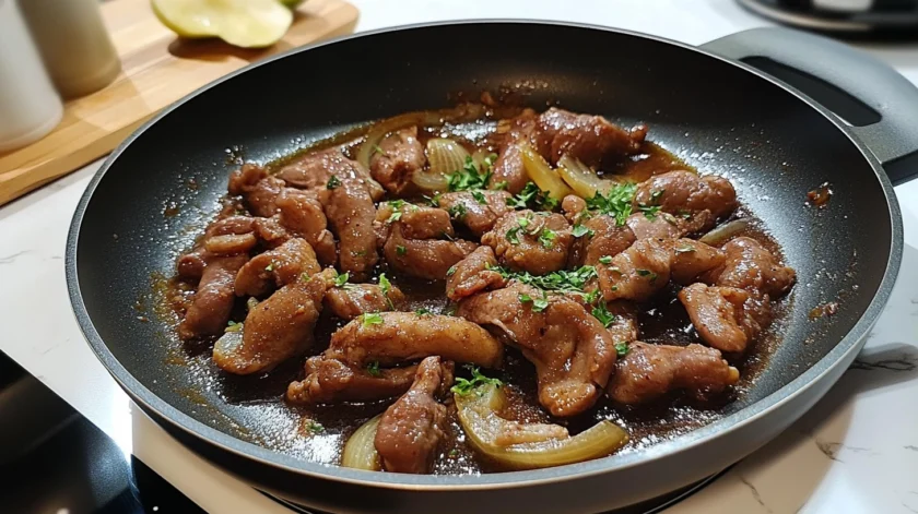 Pan-seared chicken livers cooked with onions, garlic, and herbs, served in a rich savory sauce