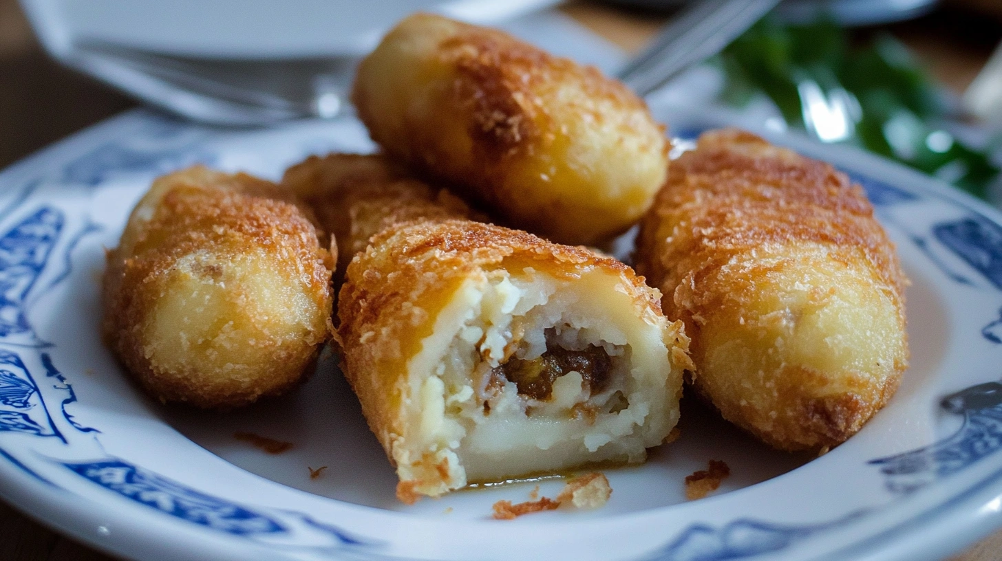 Crispy Chilean papas rellenas filled with seasoned ground beef, onions, and spices, served golden brown