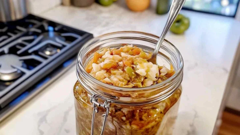 Homemade chow chow relish with finely chopped green tomatoes, cabbage, onions, and peppers in a tangy, sweet pickling brine