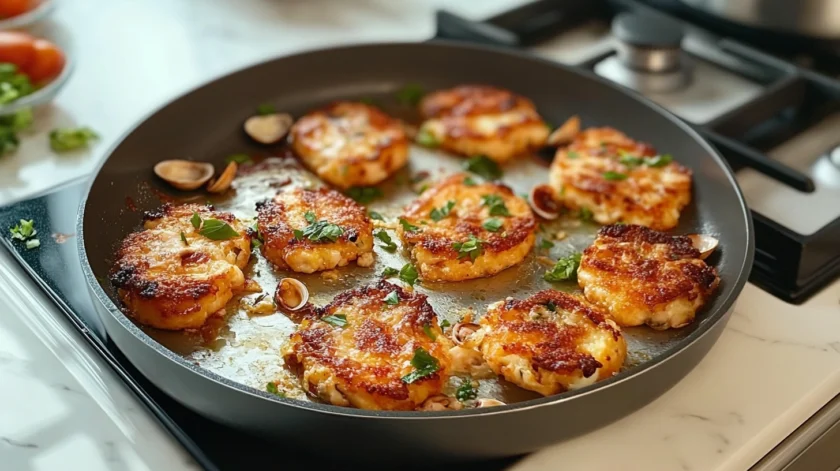 Golden crispy clam fritters in a pan garnished with fresh herbs