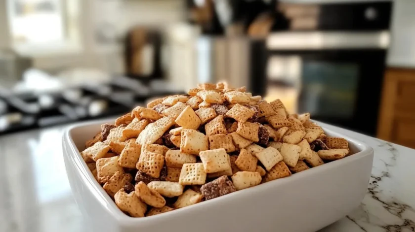 Classic homemade Chex Mix with crunchy cereal, pretzels, nuts, and a savory seasoning blend, baked to perfection