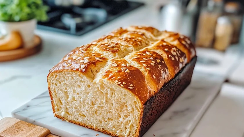 Homemade creamy cottage cheese bread with a soft, fluffy texture and golden crust, freshly baked