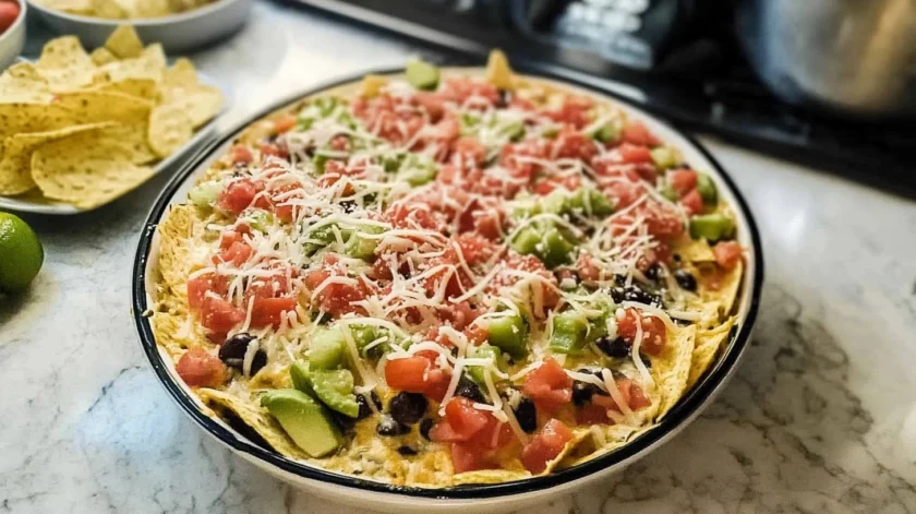 Creamy taco dip with seasoned ground beef, cream cheese, and shredded cheddar, topped with fresh tomatoes and green onions