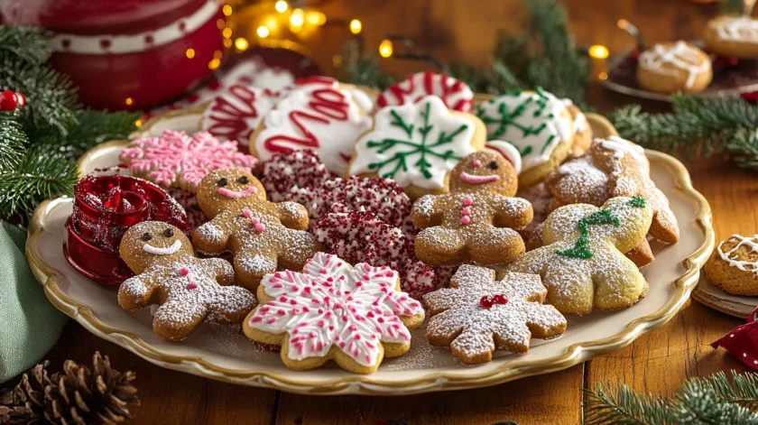 Delicious Christmas cookies decorated with festive icing, sprinkles, and holiday shapes, freshly baked and ready to enjoy