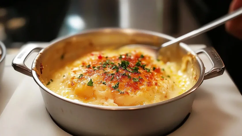 Delicious crab brûlée with creamy seafood custard, caramelized golden topping, and fresh herbs, served in a ramekin