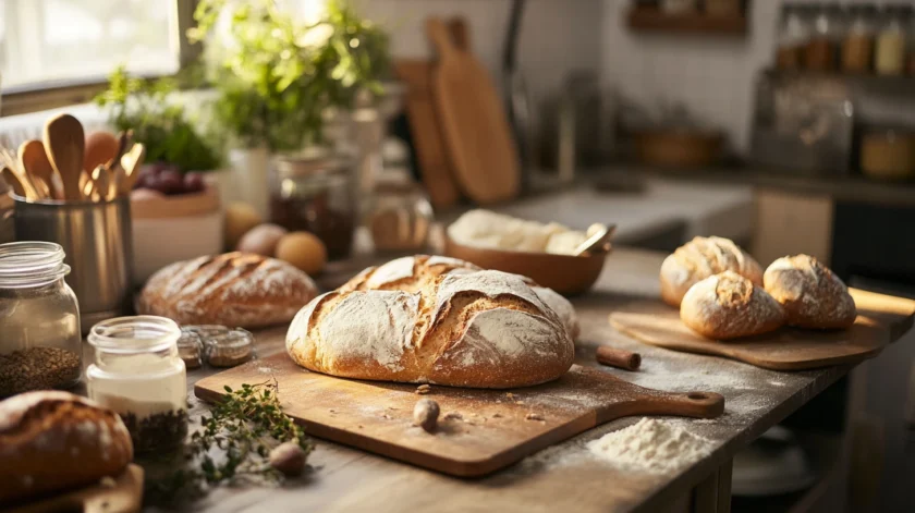 Freshly baked homemade bread from a Cuisinart bread maker with a golden crust and soft, fluffy interior