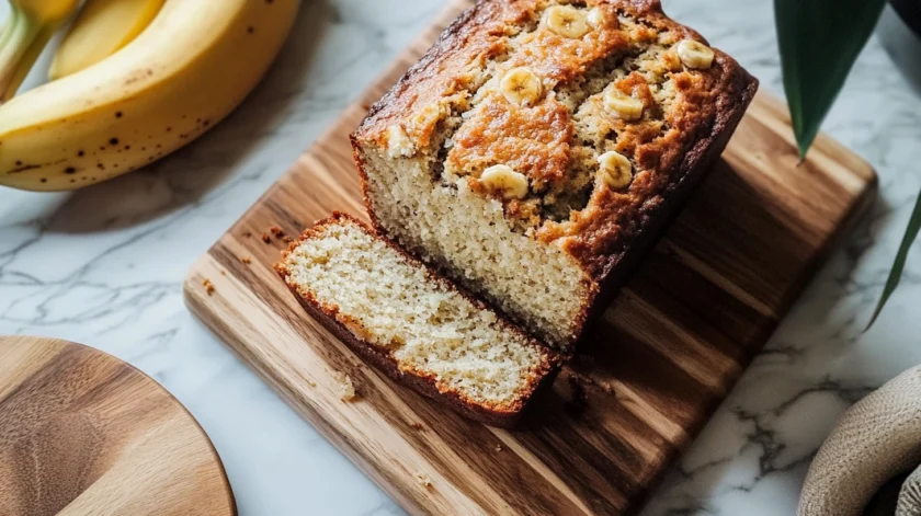 Moist and flavorful Hawaiian banana bread with ripe bananas, crushed pineapple, and shredded coconut, freshly baked and sliced