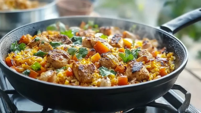 Tender diced chicken cooked with garlic, herbs, and spices, served in a skillet with a golden sear