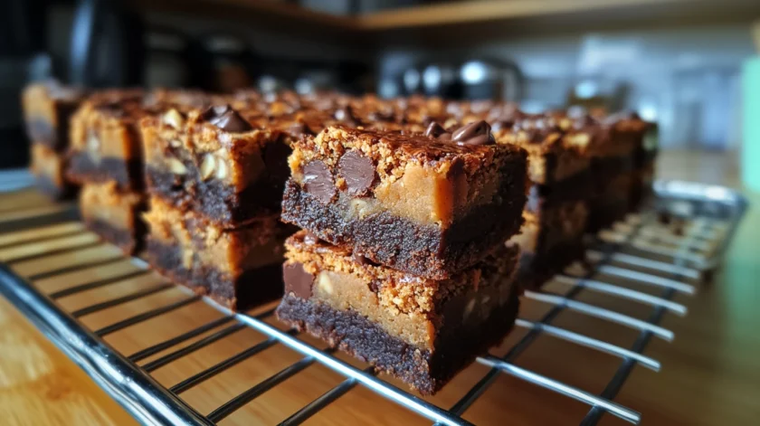 Easy homemade brookie with layers of chewy chocolate chip cookie dough and rich fudgy brownie, baked to golden perfection