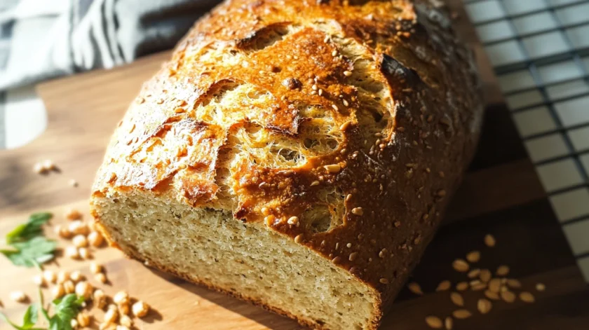 Homemade einkorn bread with a golden crust and soft, airy crumb, freshly baked and sliced