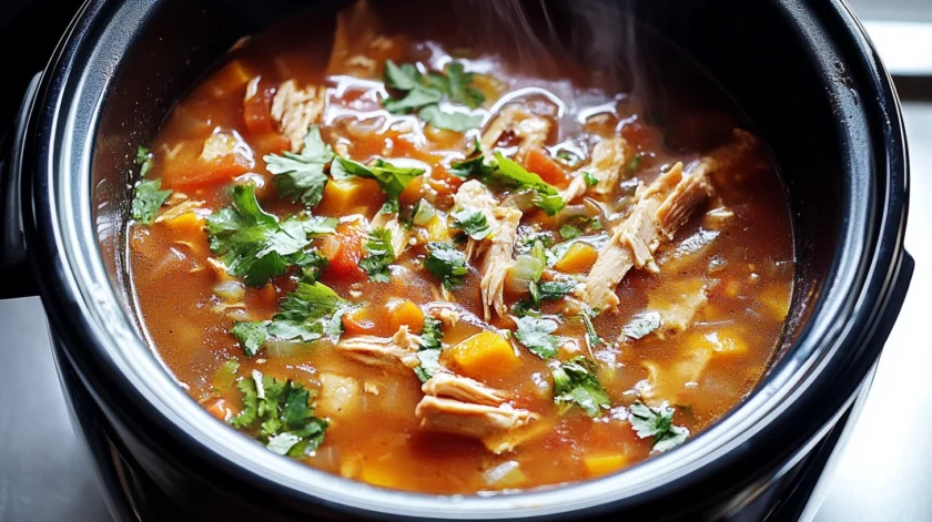 Easy high-protein crock pot meal with tender chicken, beans, and vegetables in a savory sauce