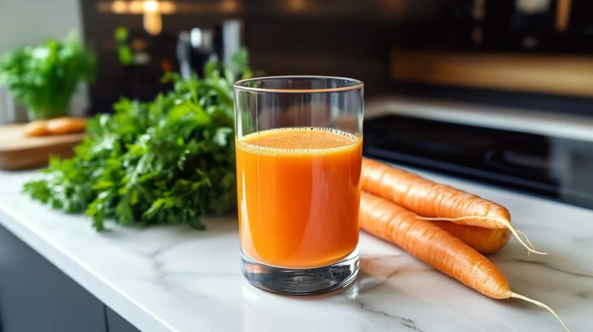 Fresh homemade carrot juice with a vibrant orange color, blended with ginger and citrus for a refreshing, nutrient-packed drink