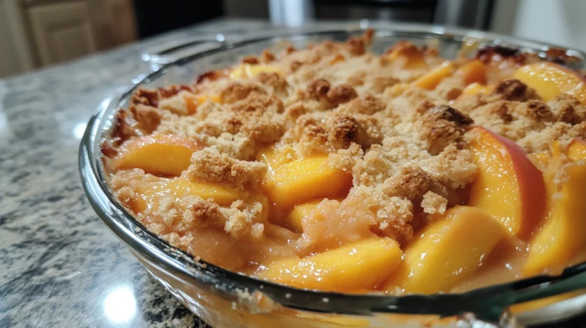 Easy homemade peach crumble with juicy peaches, a buttery cinnamon oat topping, and a scoop of vanilla ice cream