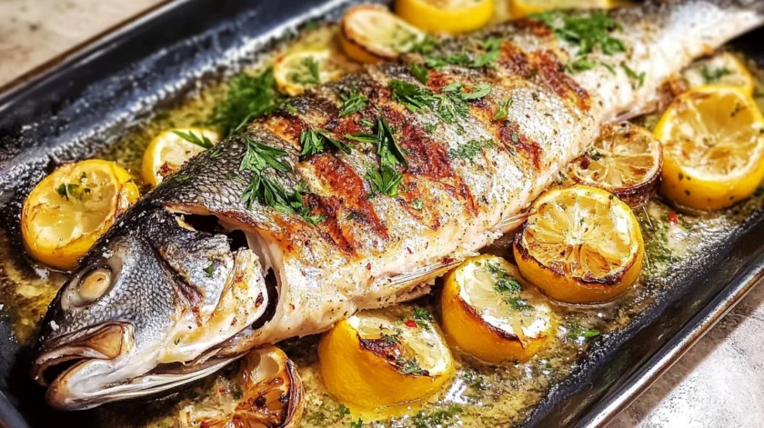 Easy Mediterranean branzino grilled with olive oil, lemon, garlic, and fresh herbs, served with roasted vegetables