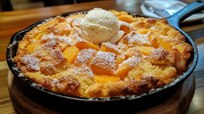 Easy homemade peach cobbler with juicy peaches, a golden buttery crust, and a scoop of vanilla ice cream on top