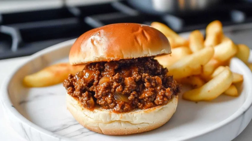 Easy homemade Sloppy Joe sandwich with seasoned ground beef in a rich tomato sauce, served on a toasted bun