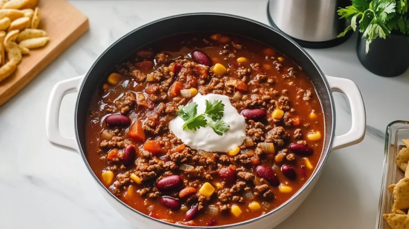 Hearty elk chili simmered with beans, tomatoes, and spices, topped with shredded cheese and fresh cilantro"