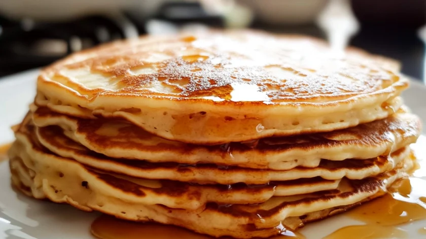 Stack of fluffy homemade pancakes with golden edges, topped with butter and drizzled with maple syrup