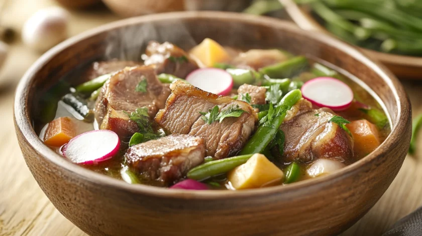 Traditional Filipino sinigang with tender pork, fresh vegetables, and a tangy tamarind broth, served in a bowl