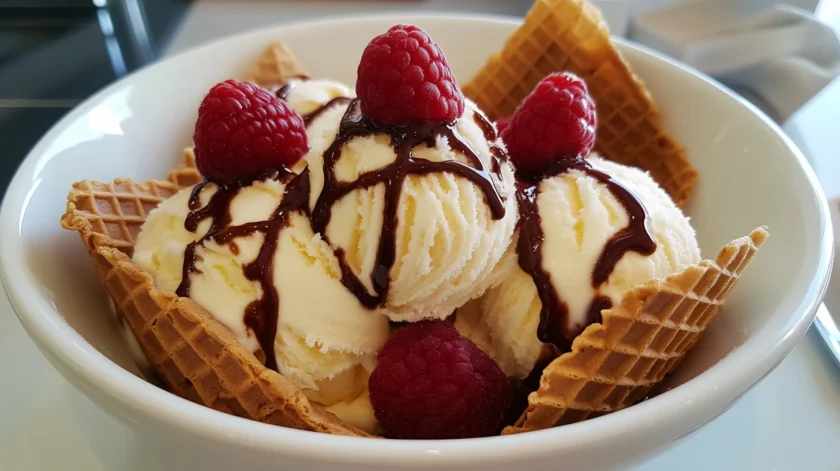 Creamy homemade ice cream made in a KitchenAid mixer, served in a bowl with a scoop and fresh toppings