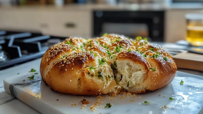 Korean cream cheese garlic bread with a golden crust, filled with sweet and savory cream cheese, and topped with garlic butter glaze