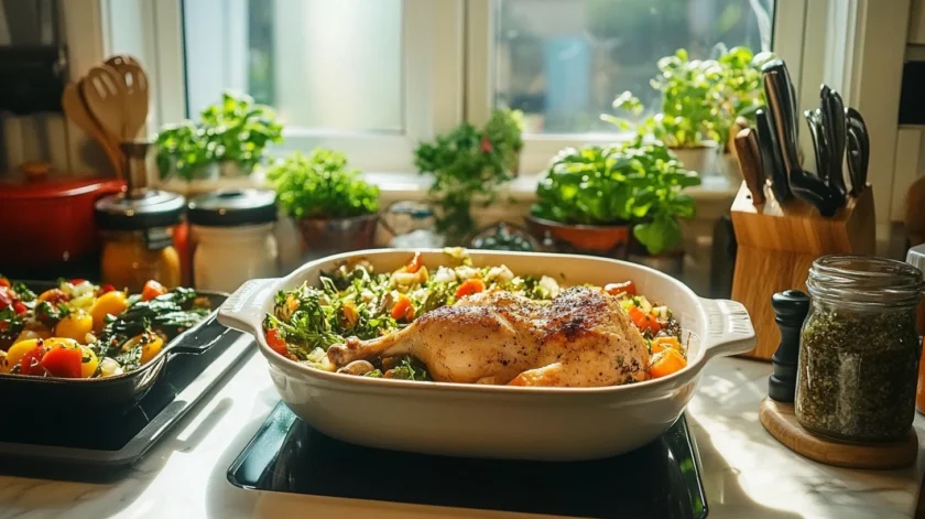 Leftover rotisserie chicken shredded and repurposed into a flavorful homemade meal with vegetables and herbs