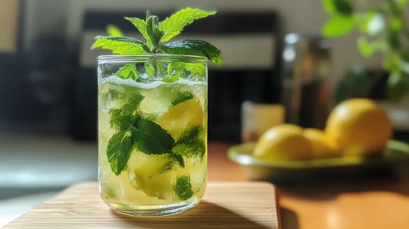 Refreshing lemon balm tea for weight loss, infused with fresh lemon balm leaves and citrus, served in a glass