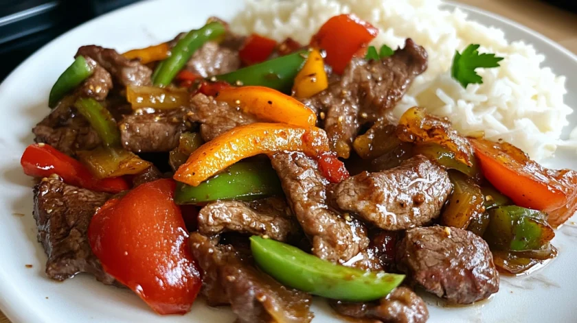 Mouth-watering pepper steak with tender beef strips, sautéed bell peppers, and a savory garlic soy sauce glaze