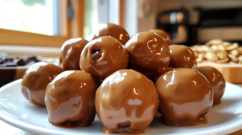 No-bake peanut butter balls coated in smooth chocolate, with a creamy peanut butter filling and a glossy finish