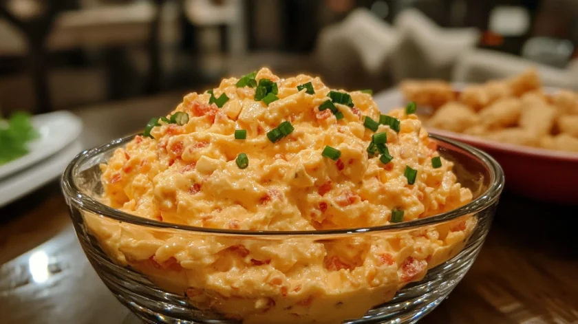 Old-fashioned pimento cheese spread made with sharp cheddar, creamy mayonnaise, and diced pimentos, served in a bowl