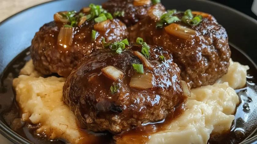 Old-fashioned Salisbury steak smothered in rich brown gravy with caramelized onions, served with mashed potatoes