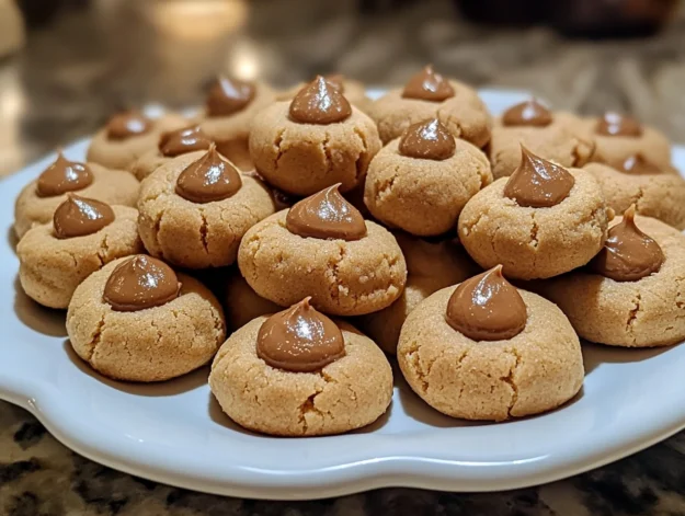 Classic peanut butter blossom cookies with a soft, chewy peanut butter base and a Hershey’s Kiss in the center, baked to golden perfection