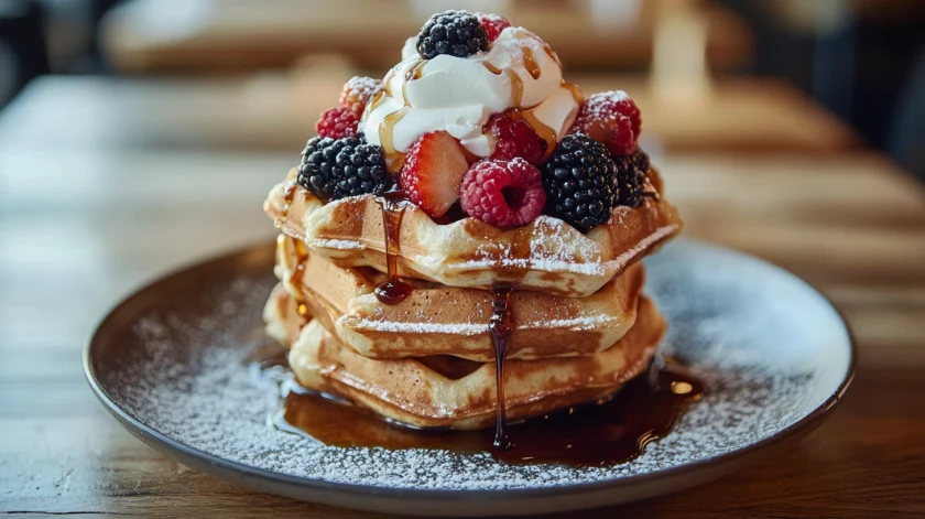 Golden and crispy Krusteaz waffles topped with butter and maple syrup, served on a breakfast plate