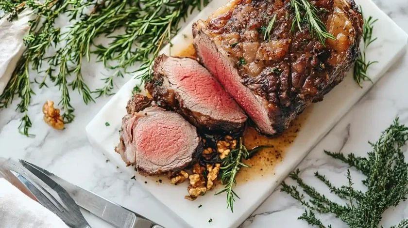 Perfectly cooked prime rib roast with a golden herb-crusted exterior and juicy, tender center