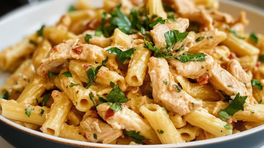 Creamy rotisserie chicken pasta with tender shredded chicken, garlic, and Parmesan sauce, garnished with fresh herbs