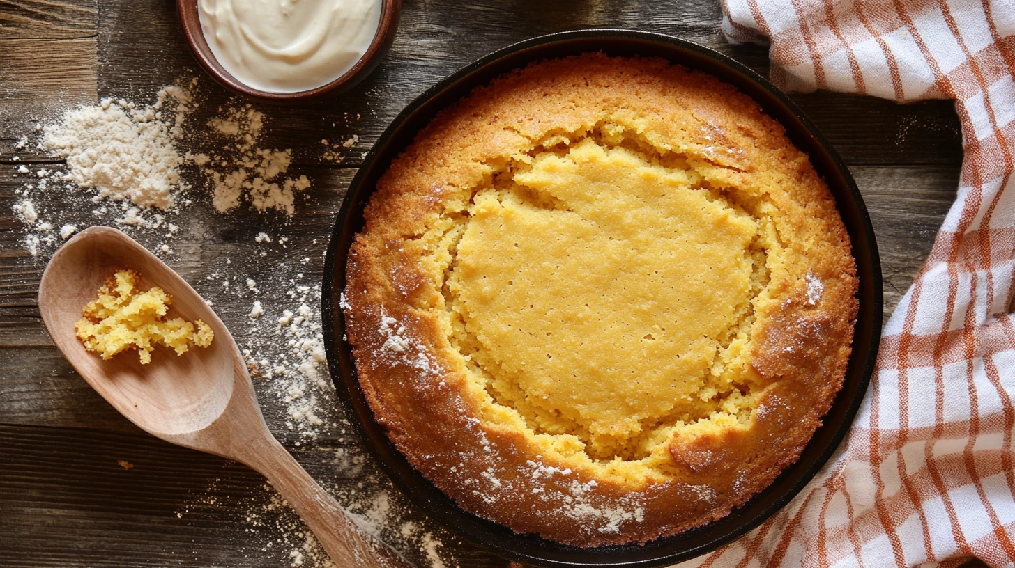 Golden, buttery Southern cornbread with a crispy crust and soft, fluffy center, served in a cast-iron skillet