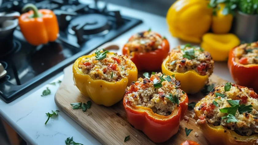 Old-fashioned stuffed bell peppers filled with seasoned ground beef, rice, and tomato sauce, baked until tender