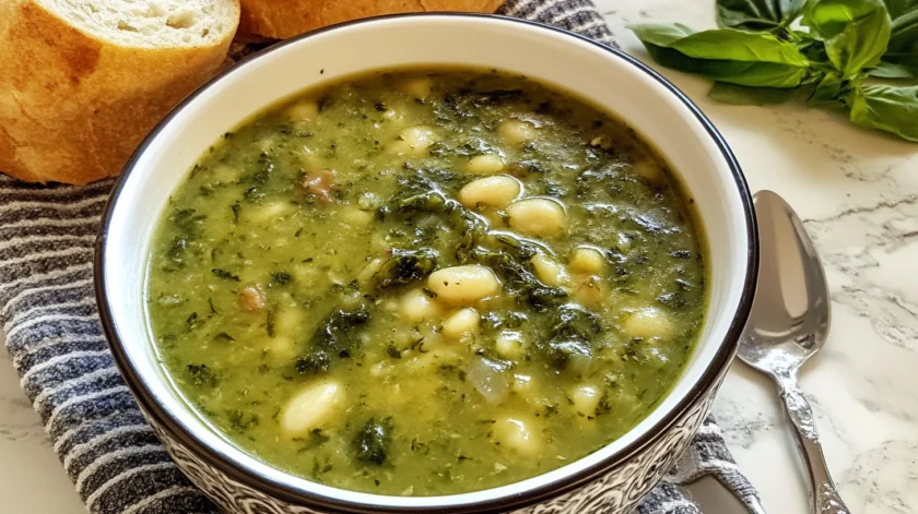 Hearty swamp soup with smoked sausage, tender greens, beans, and a flavorful broth, served hot in a bowl