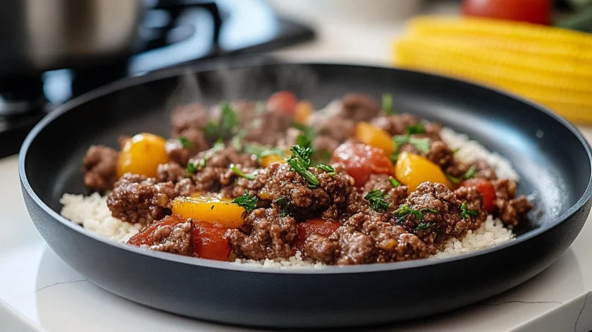 Juicy and flavorful ground beef cooked with garlic, onions, and spices in a skillet