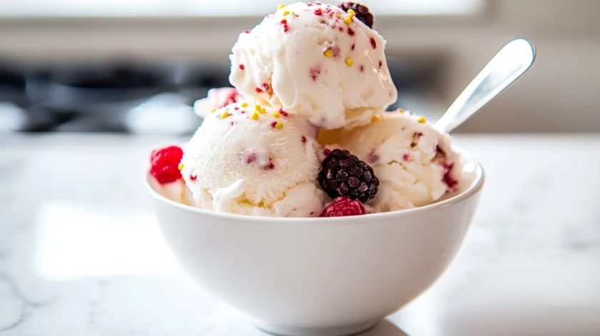 Homemade snow cream made with fresh snow, sweetened condensed milk, and vanilla extract in a bowl