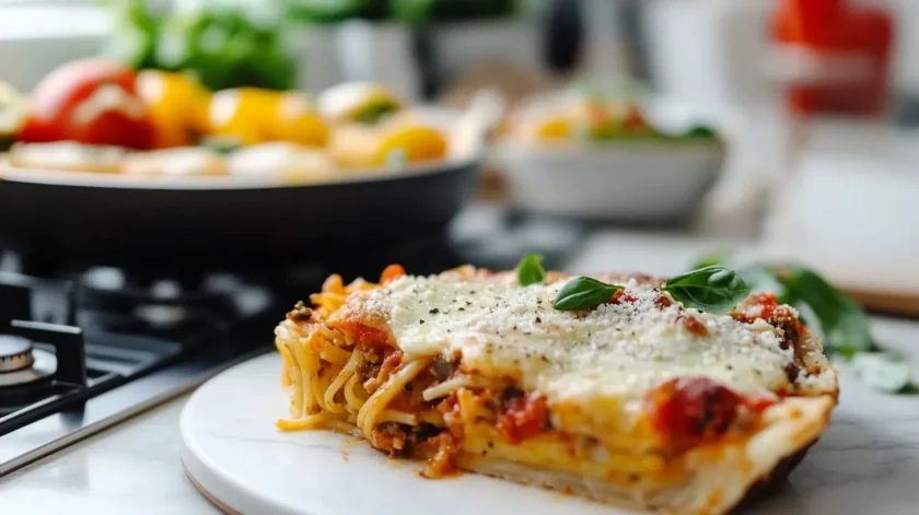 spaghetti baked into a pie